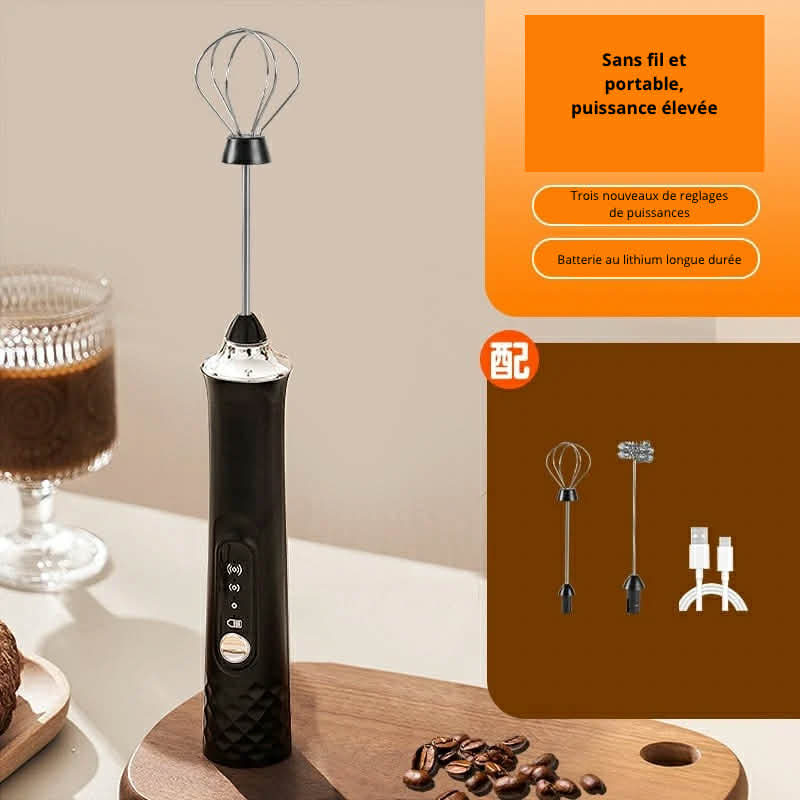 Mousseur à Lait Portable Rechargeable – Batteur Électrique Sans Fil 3 Vitesses pour Cappuccino, Œufs, Crème et Poudre Protéinée
