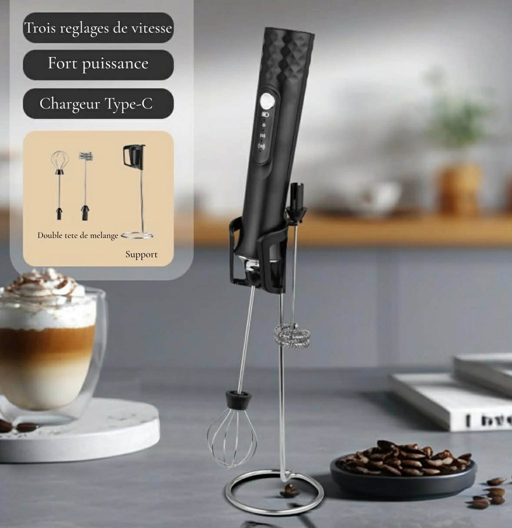 Mousseur à Lait Portable Rechargeable – Batteur Électrique Sans Fil 3 Vitesses pour Cappuccino, Œufs, Crème et Poudre Protéinée