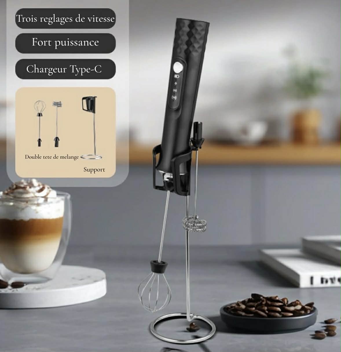 Mousseur à Lait Portable Rechargeable – Batteur Électrique Sans Fil 3 Vitesses pour Cappuccino, Œufs, Crème et Poudre Protéinée