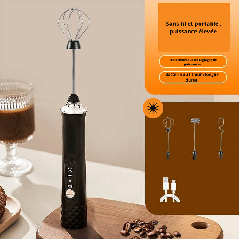 Mousseur à Lait Portable Rechargeable – Batteur Électrique Sans Fil 3 Vitesses pour Cappuccino, Œufs, Crème et Poudre Protéinée